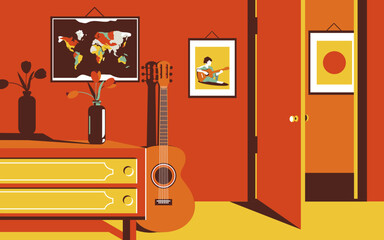 Beautiful vector illustration of a cozy home interior or living room with a guitar. Creative room in trendy reds, oranges and yellows.