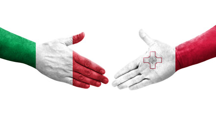 Handshake between Italy and Malta flags painted on hands, isolated transparent image.