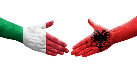 Handshake between Italy and Albania flags painted on hands, isolated transparent image.