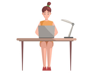Woman working with computer. Freelance or Internet job concept. Lady sitting with laptop at workplace. Girl studying courses online. Female freelancer working with electronic device in office