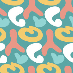 Abstract pastel seamless pattern, bright chaotic symbols on a green emerald background