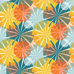 Seamless pattern emerald orange yellow umbel flower for textile design, vector illustration - obrazy, fototapety, plakaty