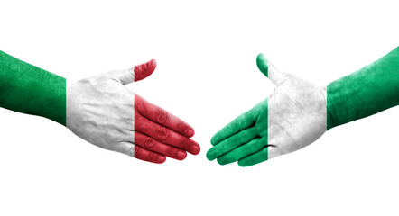 Handshake between Italy and Nigeria flags painted on hands, isolated transparent image.