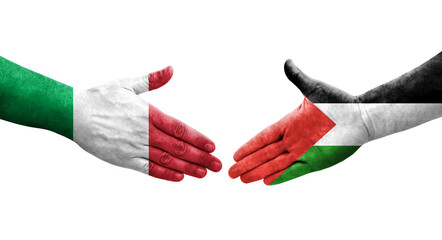 Handshake between Italy and Palestine flags painted on hands, isolated transparent image.