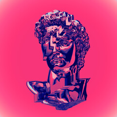 Abstract illustration from 3D rendering of glitch pixel stretch deformed classical head sculpture in blue chrome reflecting metal isolated on pink background.