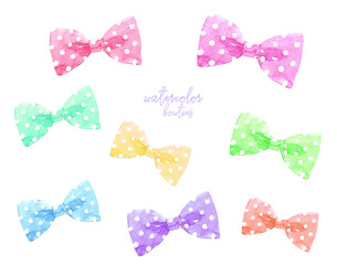 Pink white dots watercolor bowtie illustration set, ribbon. Easter animal clothes, spring Hipster funny clothes accessories, character creator decor fashion element isolated. Cute drawing clipart 
