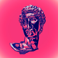 Abstract illustration from 3D rendering of glitch pixel stretch deformed classical head sculpture in blue chrome reflecting metal isolated on pink background.