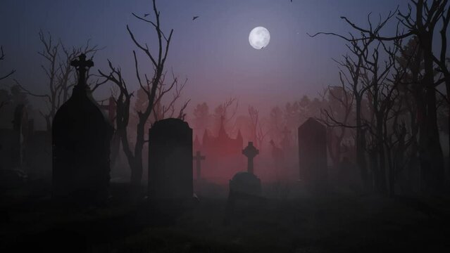 3D-render. Halloween. Activation of a portal to summon a demon in an abandoned, old cemetery