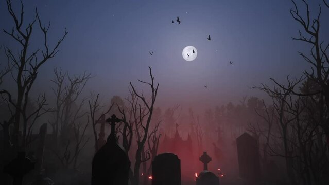 3D-render. Halloween. Activation of a portal to summon a demon in an abandoned, old cemetery