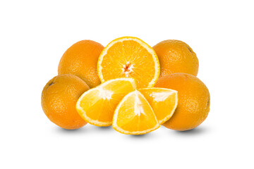 Four whole oranges and slices of ​​yellow orange on white background