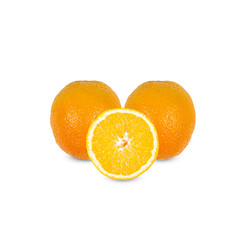 Two whole oranges and a sliced ​​yellow orange on white background