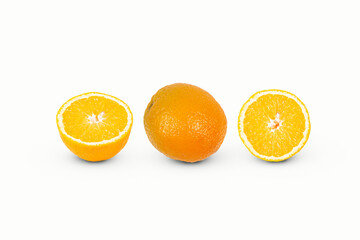 Whole orange and two sliced ​​yellow oranges on white background