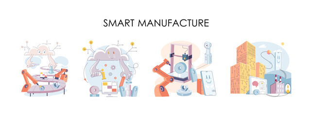 Fototapeta na wymiar Smart manufacture, automation development metaphor. Innovative smart industry product design, manufacturing process, automated production line, delivery and distribution robots machinery industry 4.0