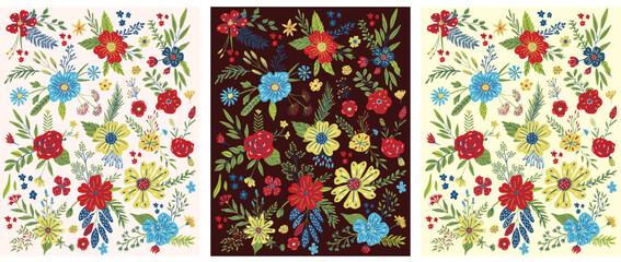 Beautiful collection of floral wildflowers composition. Holiday flower patterns for cards, invitations, wrapping paper, package