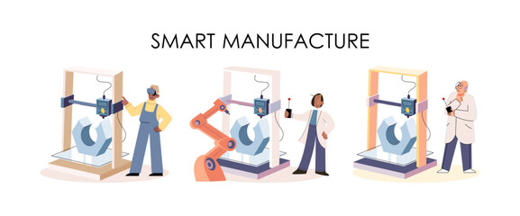 Manufacturing process at automated production industry. Scientist works with robot assembling products. Technical and science innovation. Smart manufacture, automation and development concept metaphor