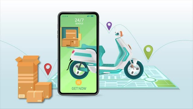 Online shopping and fast delivery video concept. Fast shipping of orders or parcels on scooter. Courier service or ecommerce. Moving advertising banner or poster. Flat graphic animated cartoon
