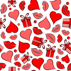 Seamless pattern with lips traces and hearts.