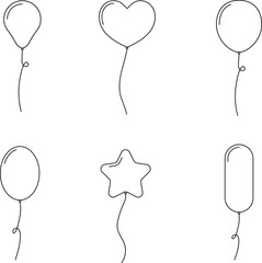 Balloon outline icons. Balloon with string in line cartoon style. Different shapes of ballons for birthday, party and wedding. Black contour of baloon silhouettes 