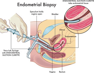 Medical illustration  of the endometrial biopsy procedure with annotations.
