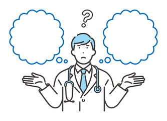 選択に悩む若い男性医師　空白の吹き出し