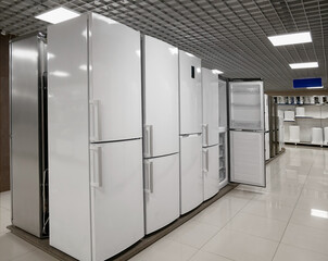 Rows of refrigerators in a home appliance and electronics store. The choice of refrigerators for buyers