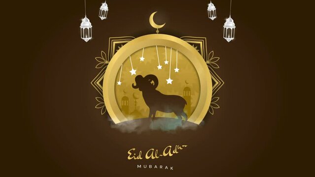 Kurban Bayraminiz. Elegant greeting card with ram silhouette, crescent moon and mosque. Muslim traditional holiday of sacrifice. Religion Islam. Eid al-Adha Mubarak. Realistic graphic animated cartoon