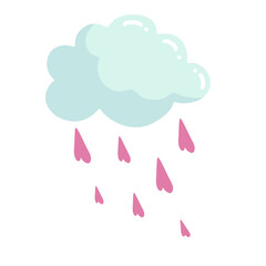 Cartoon cloud with heart shaped raindrops.Vector graphics.