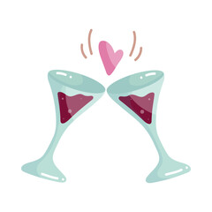 Two glasses of red wine with a heart. Cartoon vector graphics.