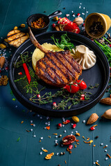 ribeye steak grilled in restaurant, food composition on blue background