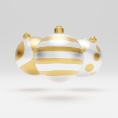 Falling luxury golden 3d christmas ball with pattern on white background. 3d rendering Happy New Year Luxury background with golden and white bauble ball