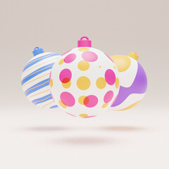 Obraz premium Falling luxury golden 3d christmas ball with pattern on light background. 3d rendering Happy New Year Luxury background with colorful bauble ball