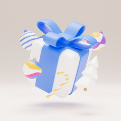 New Year and Christmas 3d design. Realistic gifts box, xmas fir tree, ball, candy and decorative elements holiday banner. 3d render image of christmas holiday