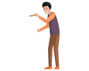 Concentrated man playing with jenga. Male character playing with logic board game. Guy holding brick for wooden tower building vector illustration. Hobby, home recreation, pastime with games concept