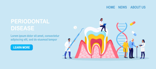 Periodontal disease. Doctor dentist checking tooth, examines patient with periodontitis. Dentistry and healthy teeth. Hygiene oral care. Stomatology. Medical dental checkup. Inflammatory gum disease