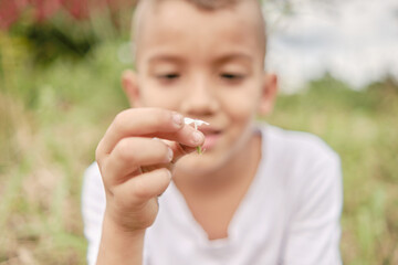 Latin boy holding small white flower in foreground with out-of-focus background