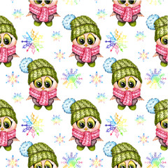 Watercolor illustration pattern of a cartoon owlet in a cap and snowflakes. Smart owlet. Back to school. Ideal for t-shirts, cards, prints. Isolated on white background. Drawn by hand.