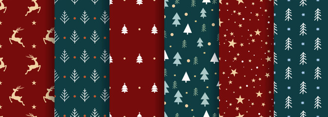 Vector Set of Seamless Christmas and New Year`s patterns. Winter and Christmas elements on a dark background. Wrap for gifts.   - 539322345