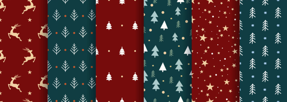 Vector Set of Seamless Christmas and New Year`s patterns. Winter and Christmas elements on a dark background. Wrap for gifts.  