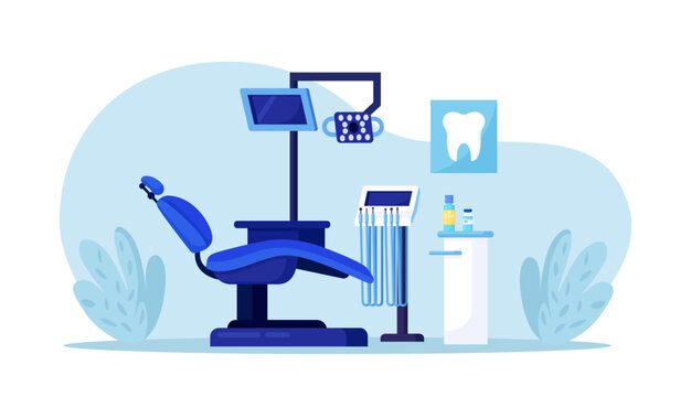 Dentist office. Dental room interior with dentist chair, lamp, drilling machine, instrument for teeth treatment. Hospital interior. Stomatology service. Clinic cabinet, orthodontist practice workplace