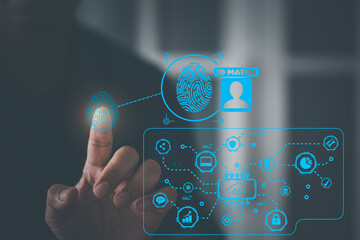 Employees who scan fingerprints show ID identify match to log in to security and information systems in cloud computers, business idea concept