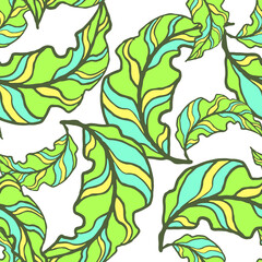 Nature seamless pattern with hand drawn twig, tree branch with leaves, tropical forest, summer time. Ecological rural theme for poster print, wrapping paper, wallpaper, clothes textile, fabric design.