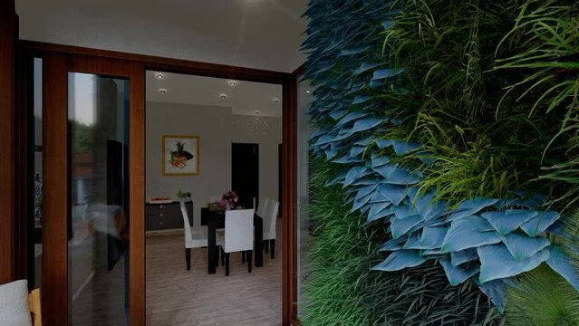 Terraza con muro verde con vista al comedor, Terrace with green wall overlooking the dining room