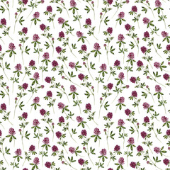 Watercolor botanical seamless pattern with red clovers on a white background for romantic, delicate, rustic, boho, floral projects, interiors, wallpaper, textiles, covers, packaging