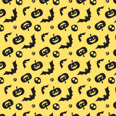 Black and Yellow Halloween Seamless Pattern With Pumpkin And Bats. Seamless halloween pattern. Halloween Background With Pumpkin And Bats . Vector Illustration