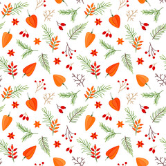 Botanical seasons christmas pattern warm shade berry branch flat. Yew berry physalis pine rosehip poinsettia red flower seamless traditional orange plant design print textile interior gift wrapping