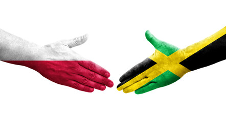 Handshake between Jamaica and Poland flags painted on hands, isolated transparent image.