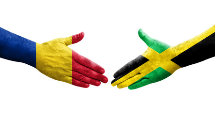 Handshake between Jamaica and Romania flags painted on hands, isolated transparent image.