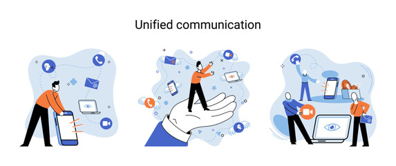 Unified communication metaphor. Characters use wireless telephony connection. Telecommunication system via cloud or network. Social media creative idea. Online social network. Business interaction app