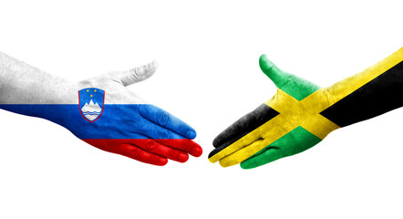 Handshake between Jamaica and Slovenia flags painted on hands, isolated transparent image.
