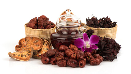 Aegle marmelos, jujube ,roselle and tea isolated on white background.